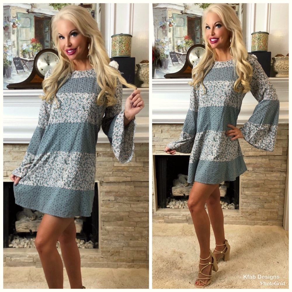 🛍LAST 1! Sage Eyelet Print Mix Bell Sleeve Dress - Picture 5 of 7